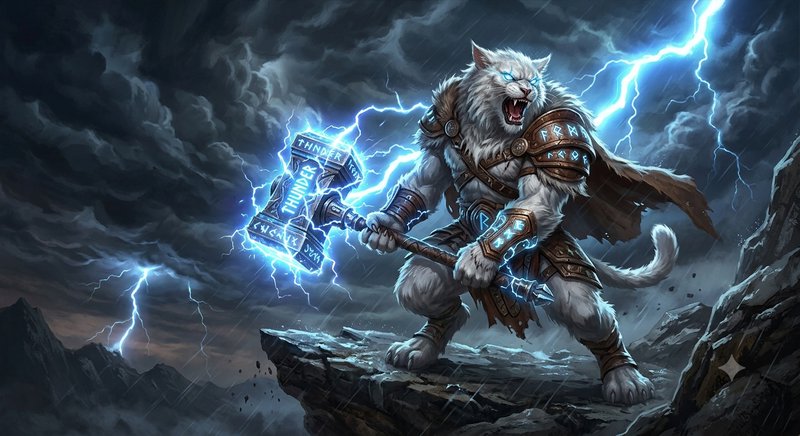 Fierce armored anthropomorphic white tiger warrior wields a glowing lightning hammer atop a storm...