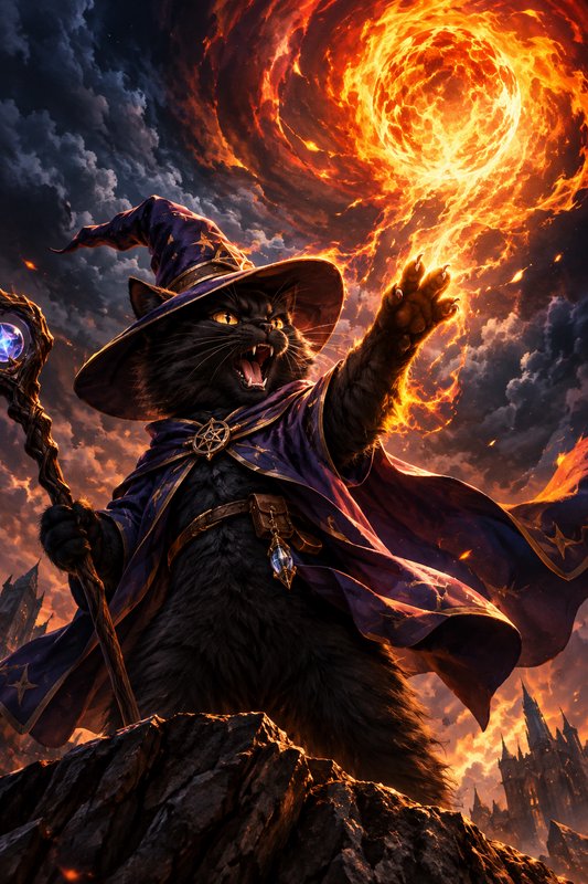 Black cat wizard casting a fiery magic spell while standing on a rocky cliff above gothic castles