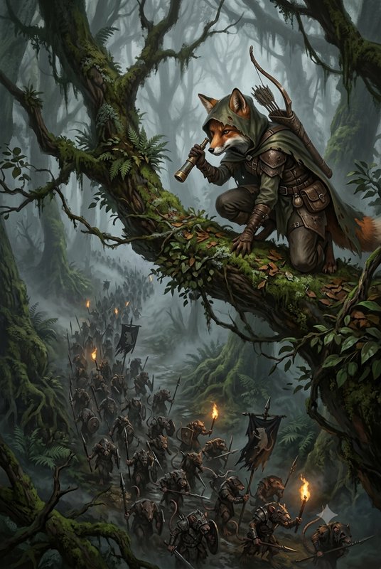 Hooded fox ranger crouched on a tree branch spies an advancing armored rat army through a misty o...