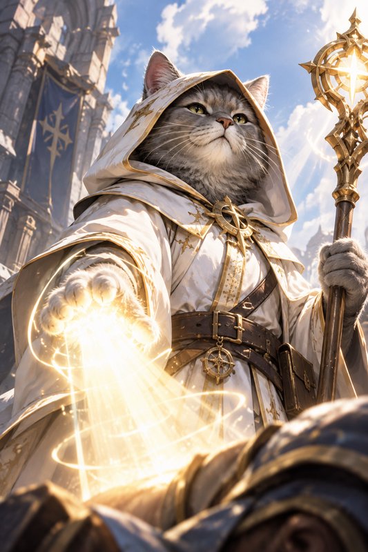 Anthropomorphic grey cat cleric casting glowing holy magic while holding a golden staff outside a...