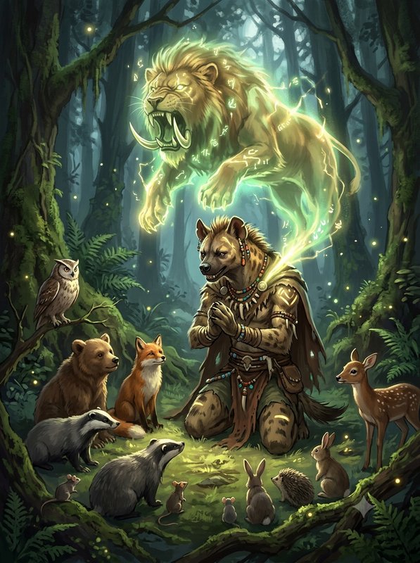 Anthropomorphic hyena shaman summons a glowing spirit sabertooth lion surrounded by forest wildli...