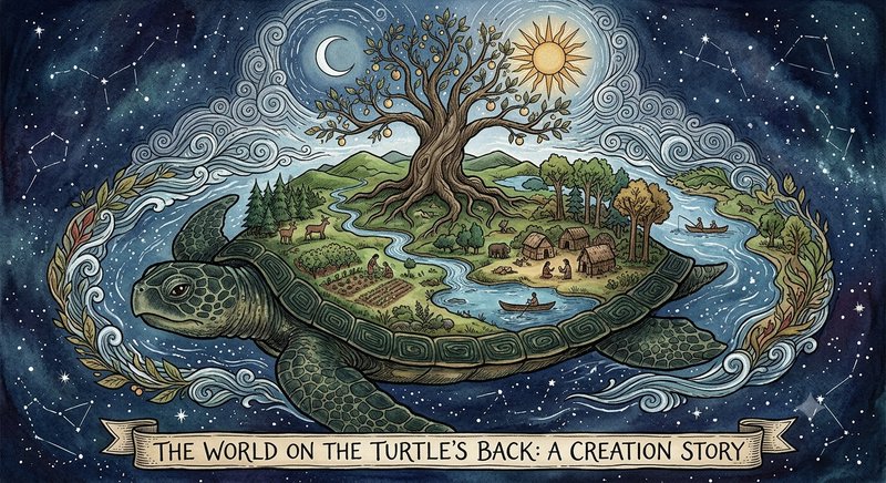 Giant world turtle carrying a verdant island world floats through a starry cosmic sky in a creati...