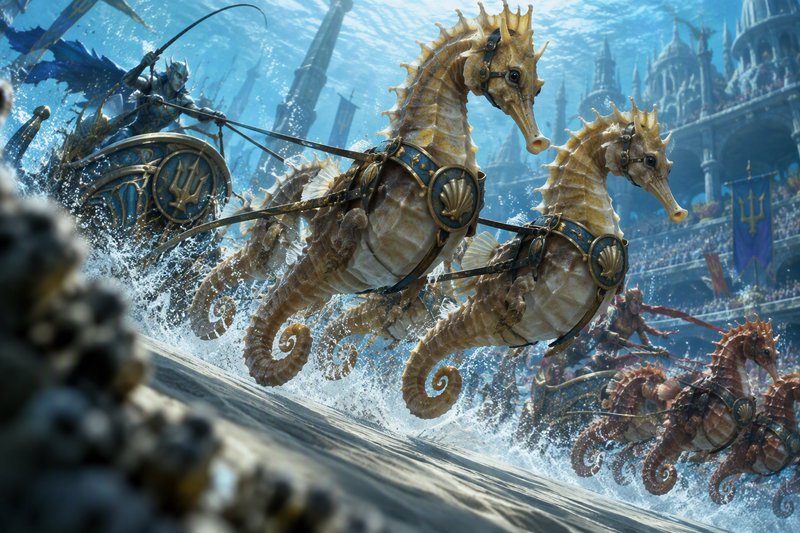 Armored Atlantean charioteer races giant seahorse-drawn chariots in an underwater coliseum