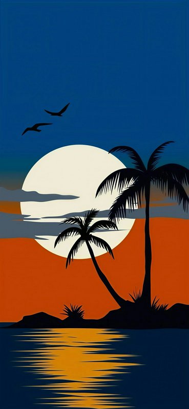 Minimalist flat illustration of tropical island sunset with palm silhouettes, full moon, flying s...