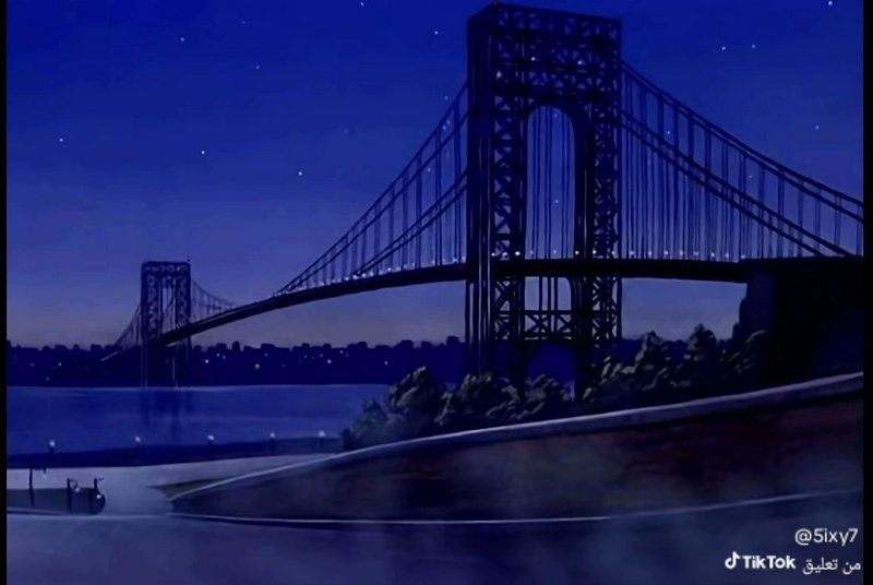 Digital illustration of the George Washington Bridge spanning a river under a starry deep blue ni...