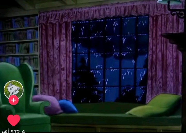 2D animated home interior on a rainy night, with purple curtains, green seating, and social media...