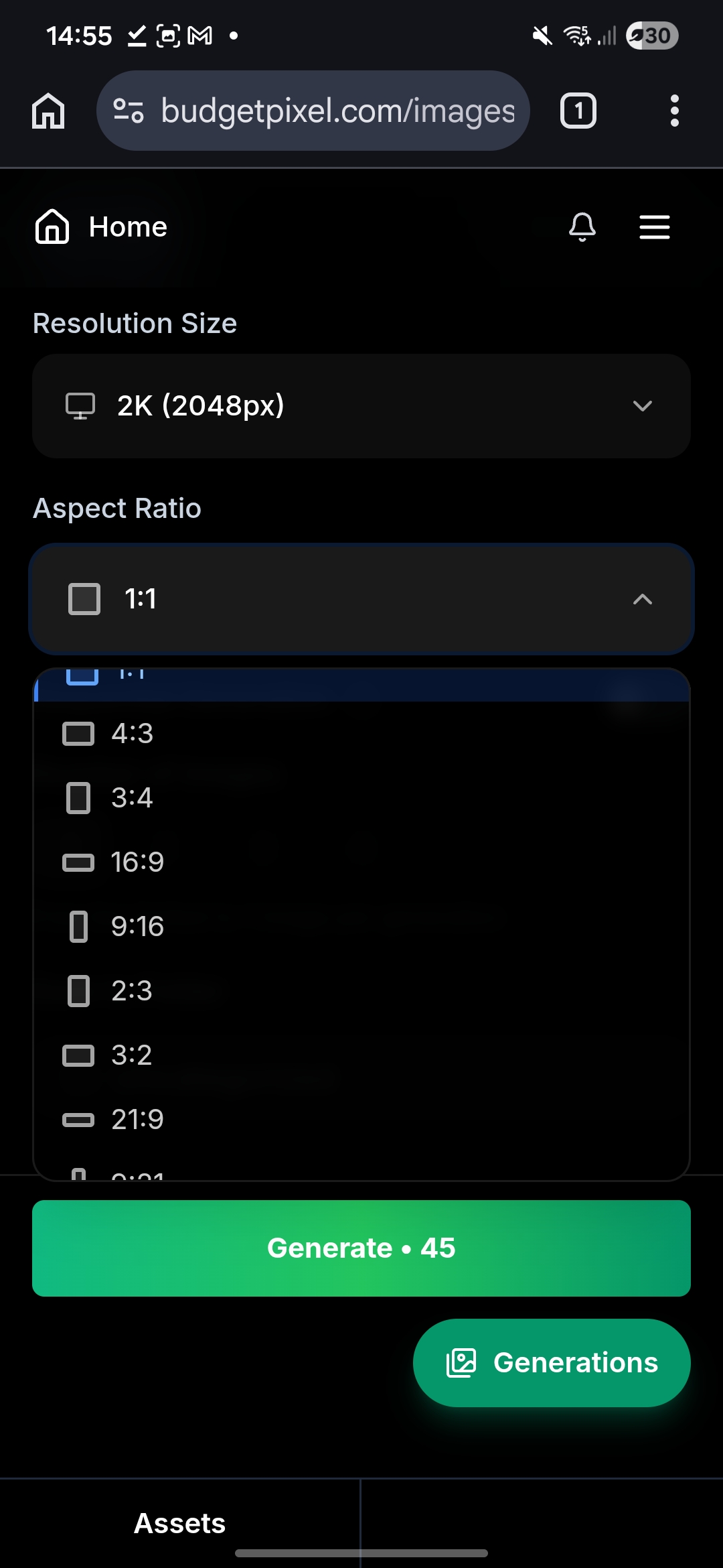 Screenshot of a mobile AI image generator UI with 2K resolution, aspect ratio options, and a green Generate button