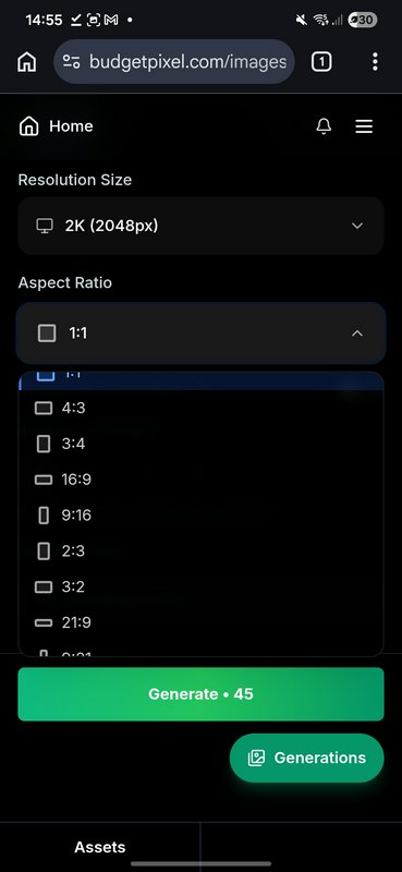 Screenshot of a mobile AI image generator UI with 2K resolution, aspect ratio options, and a gree...