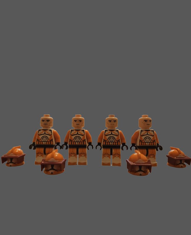 Four orange-armored LEGO minifig soldiers stand in a row with scattered helmets on a gray backgro...