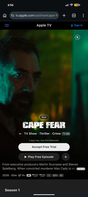 Close-up of a man's face in moody neon lighting, promotional image for Cape Fear TV Show.