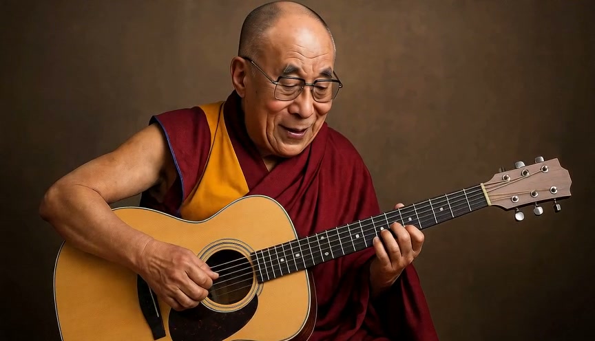 Buddhist monk in maroon robes playing a natural wood acoustic guitar.