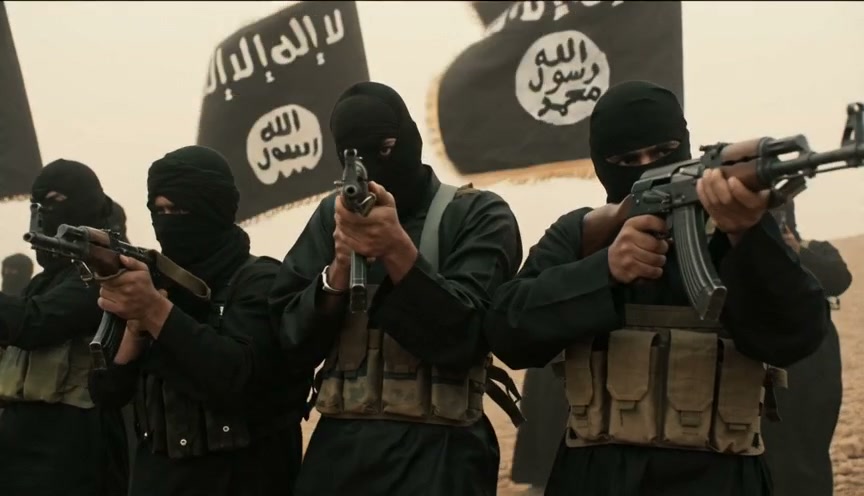 Masked armed militants in black gear holding rifles with desert banners behind them.