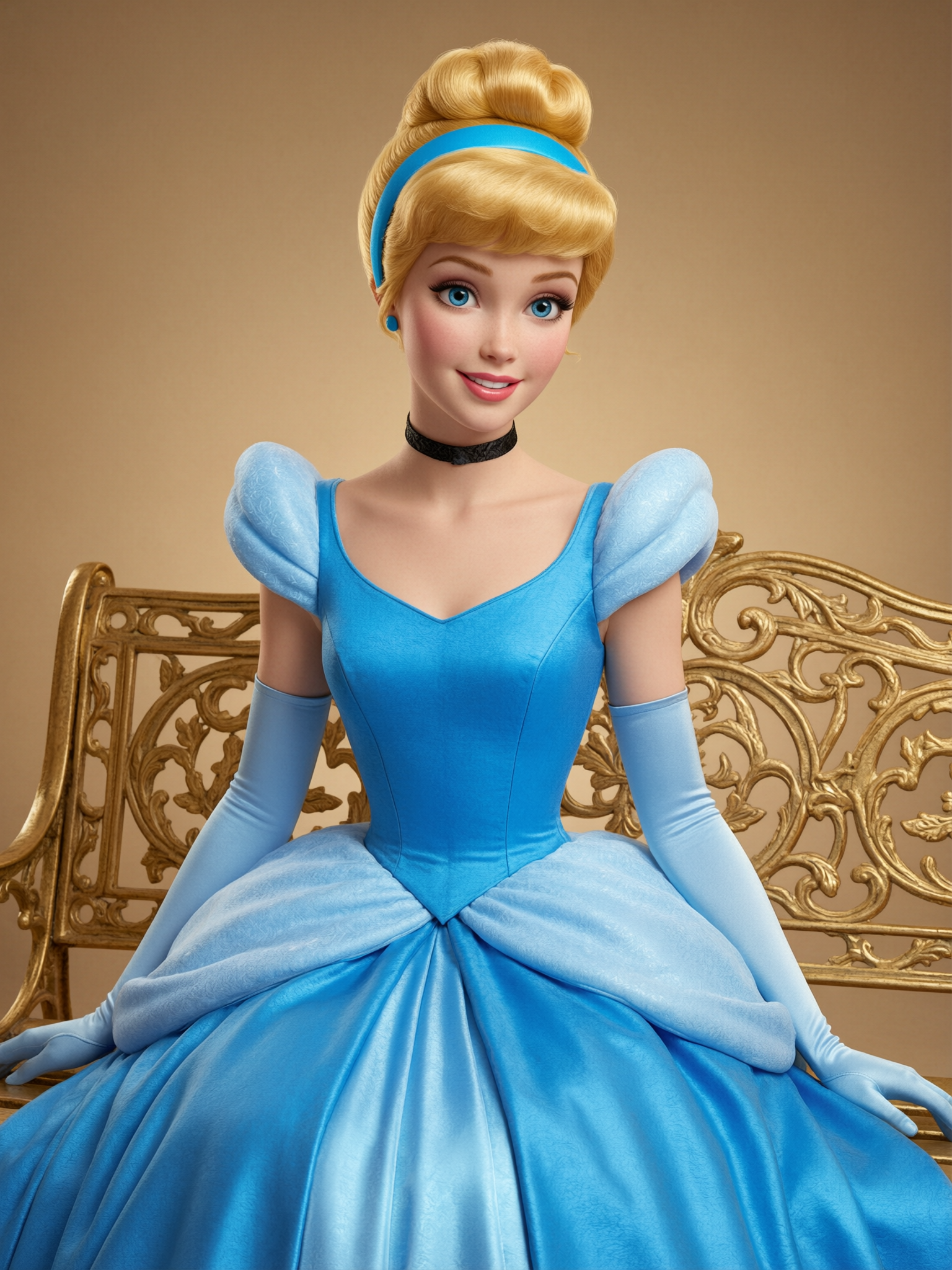 Blue princess Barbie doll seated on an ornate gold bench wearing a ball gown