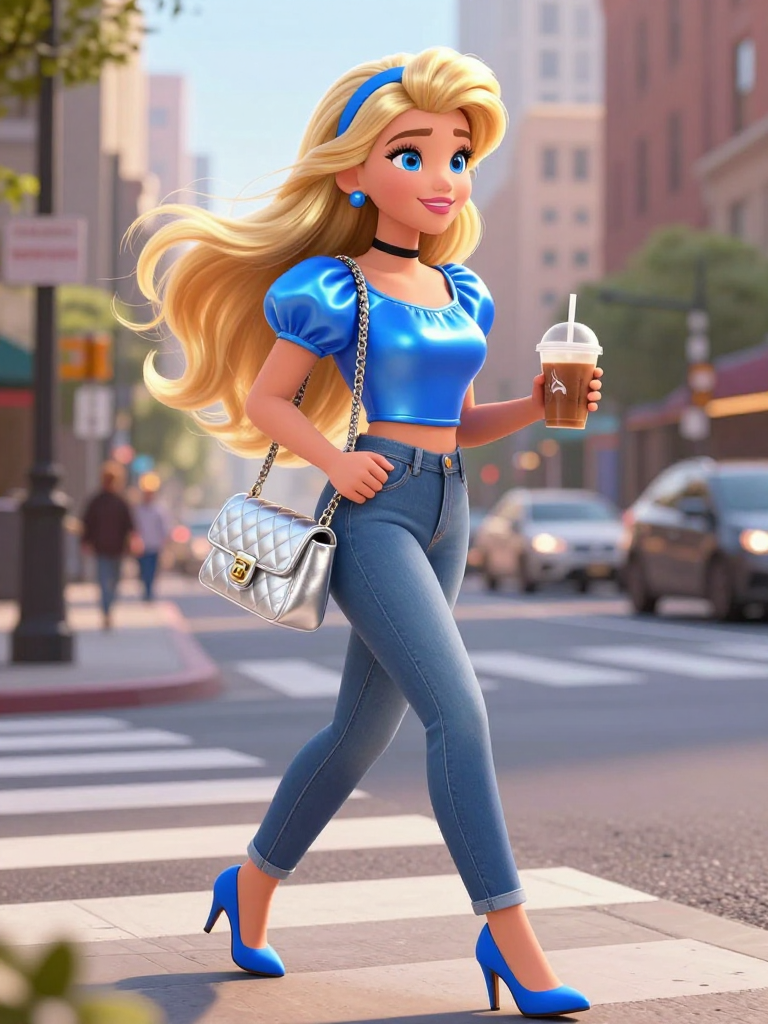Animated woman in a blue top and jeans walking on a city street.
