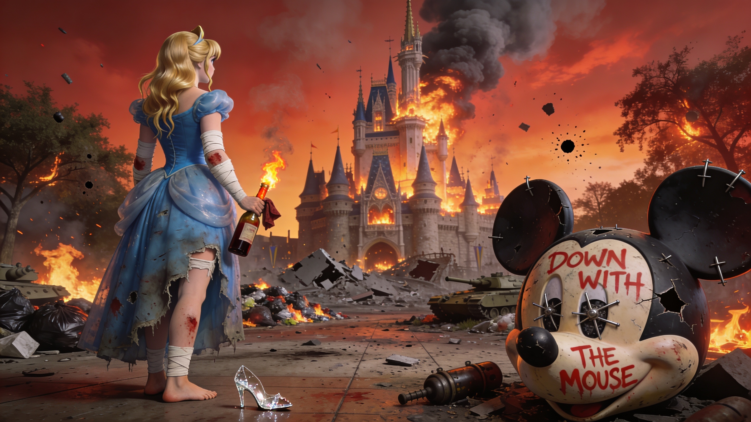 Cinderella in a torn blue gown stands amid a burning Disney castle with debris everywhere.