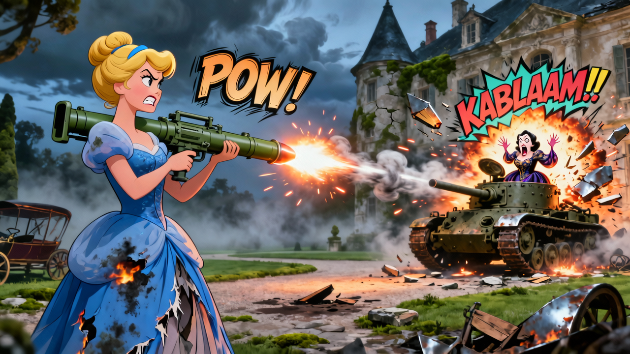Cartoon princess in a blue gown fires a rocket launcher at a tank in a dramatic battle scene.