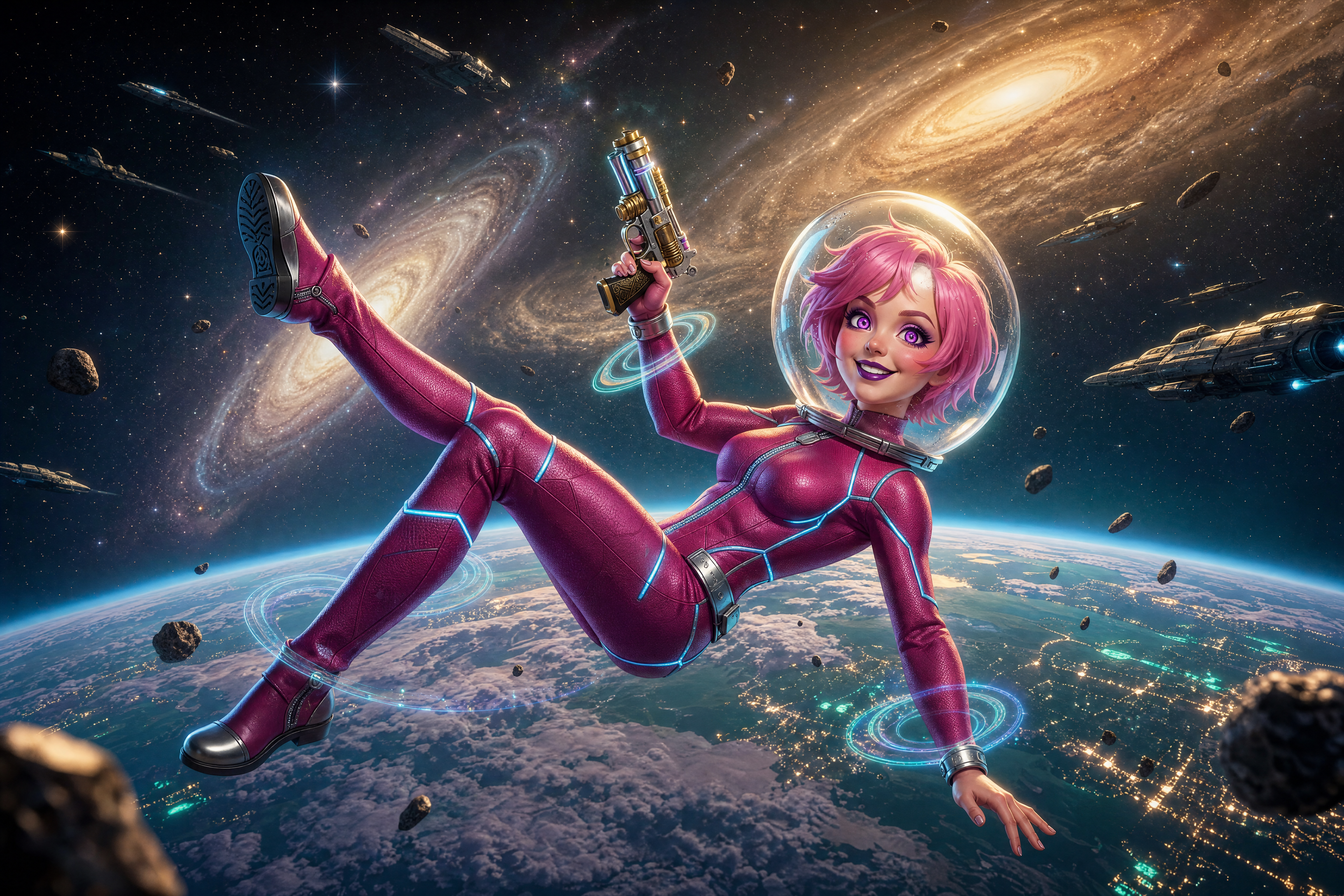 Female astronaut with pink hair in a magenta spacesuit floating above Earth in space.