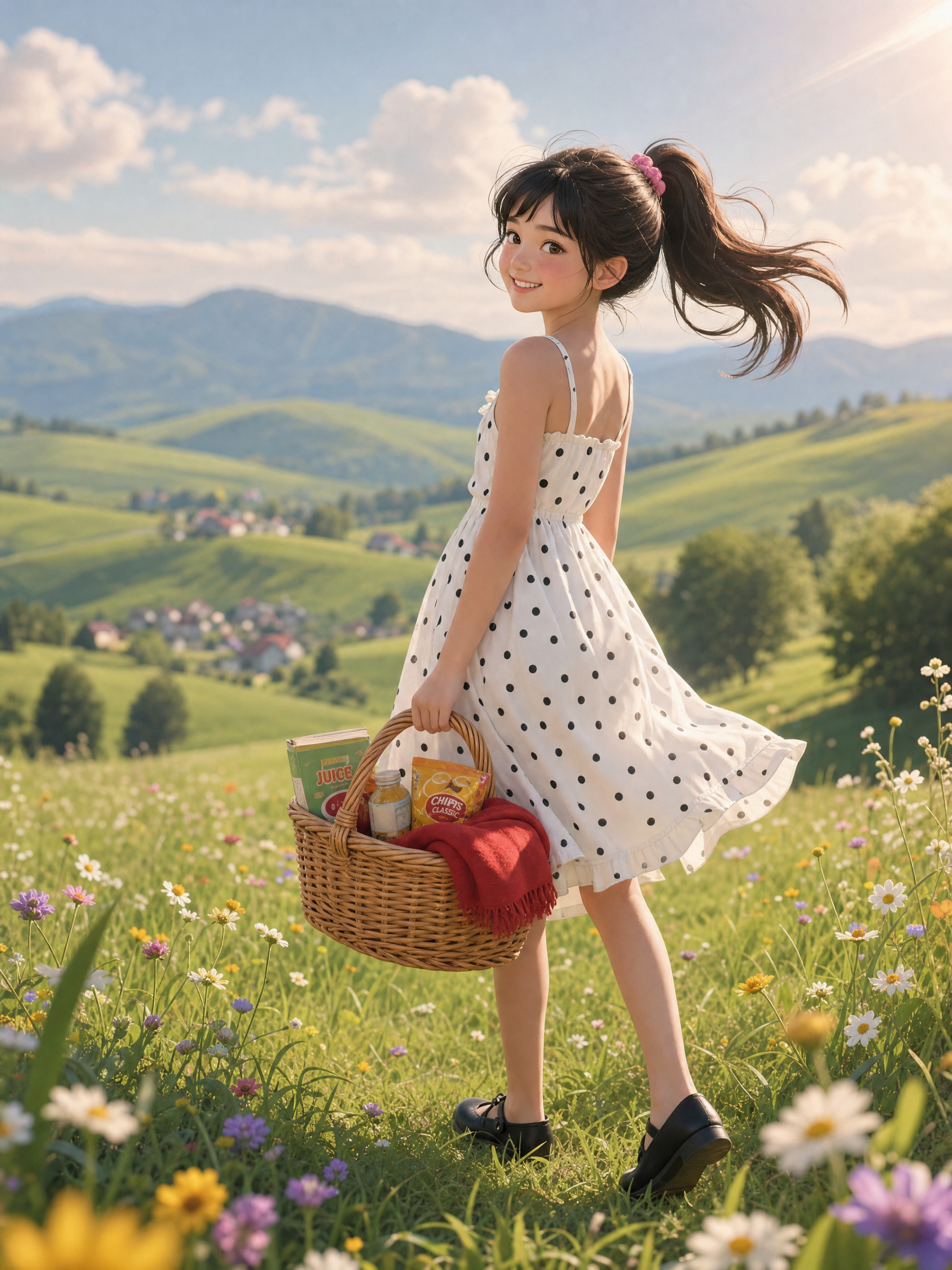Girl in a white polka-dot dress with a picnic basket in a sunny countryside meadow