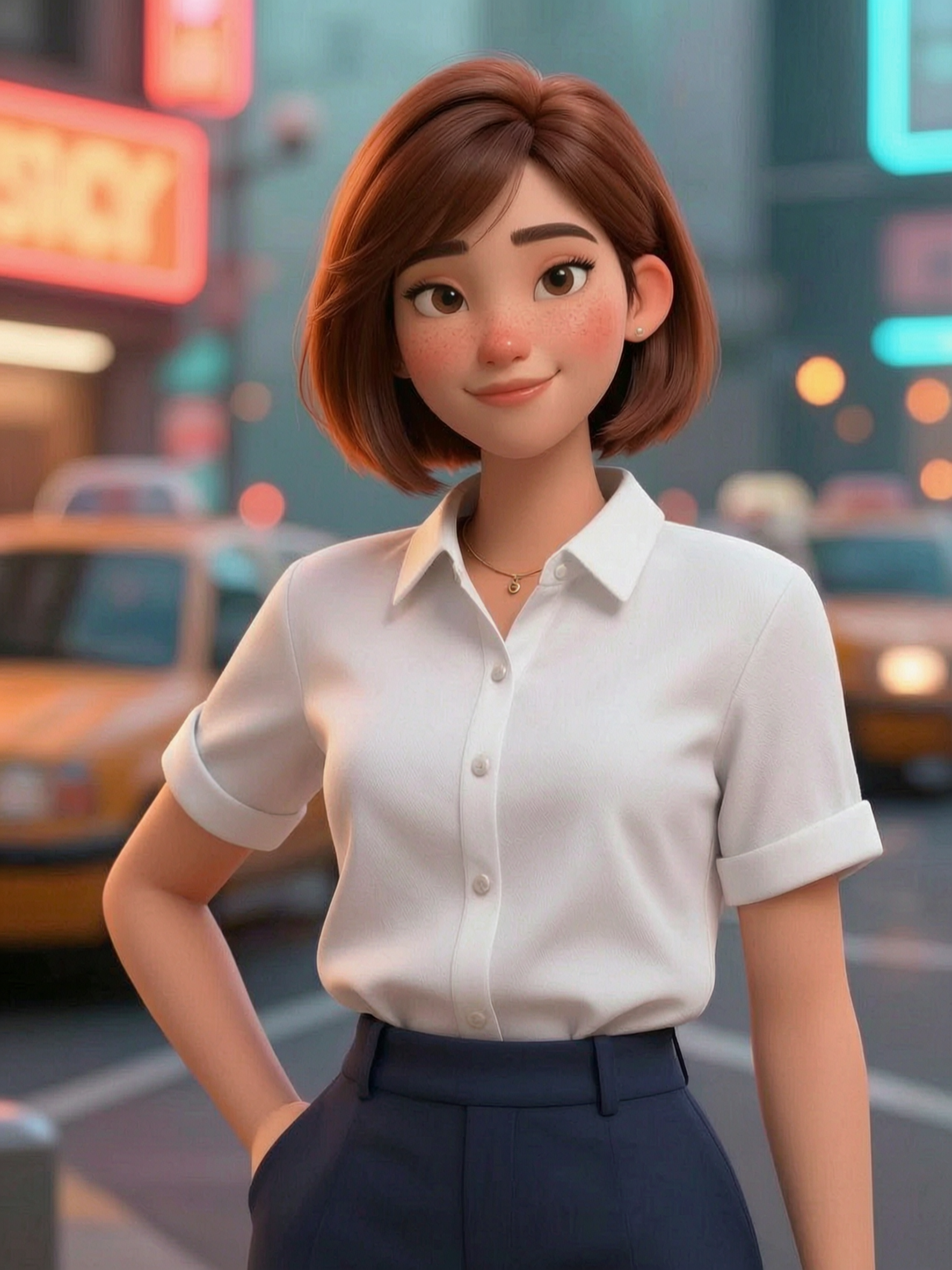3D animated woman with short brown hair in a white blouse and navy pants on a neon-lit city street.