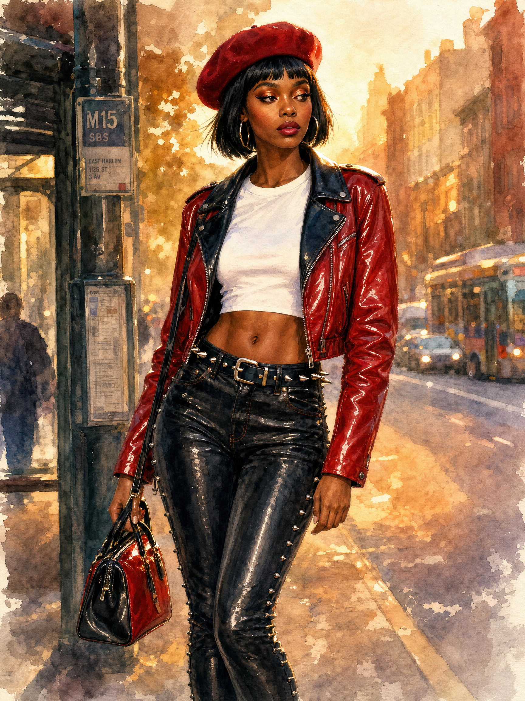 Woman in red patent leather jacket and beret walking on a city street in a white crop top and black studded leather pants.