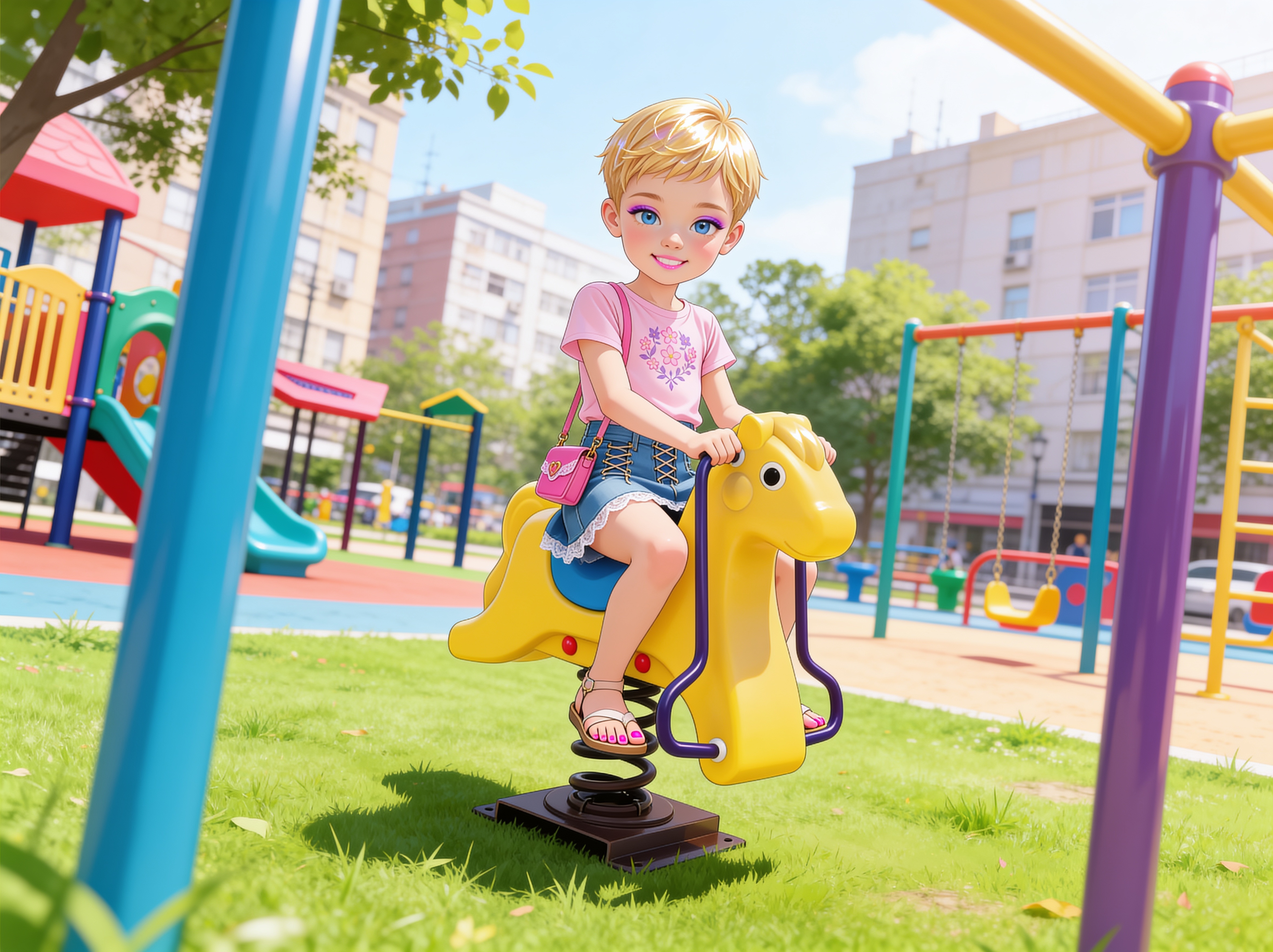 A young girl rides a yellow spring horse on a colorful outdoor playground under a sunny sky.