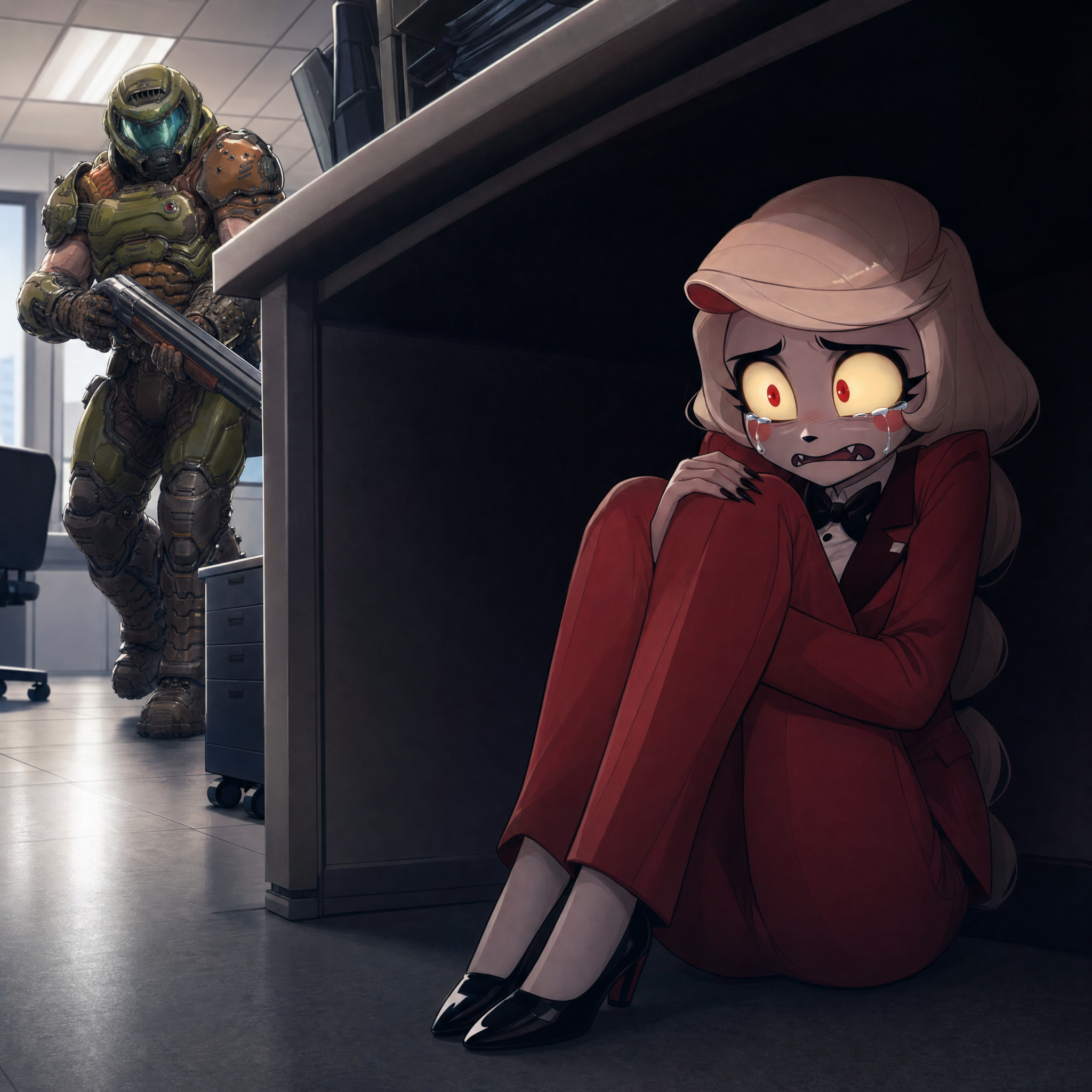 Soldier in green armor enters an office where a frightened woman in a red suit hides under a desk.