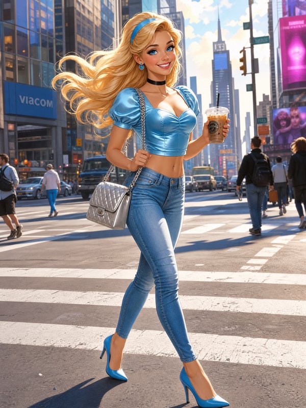 Stylish blonde woman in a blue cropped top and jeans walking across a city crosswalk with iced coffee and a silver handbag.