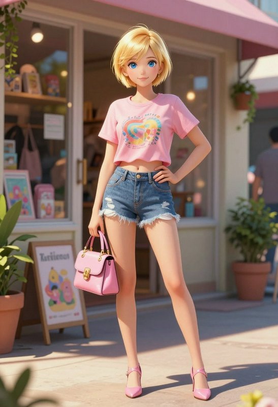 Stylized blonde doll in pink crop tee and denim shorts standing outside a cafe with a pink handbag.
