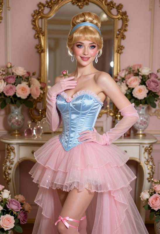 Blonde woman in a blue corset and pink tutu, wearing long pink gloves, posed in a luxurious pink room.