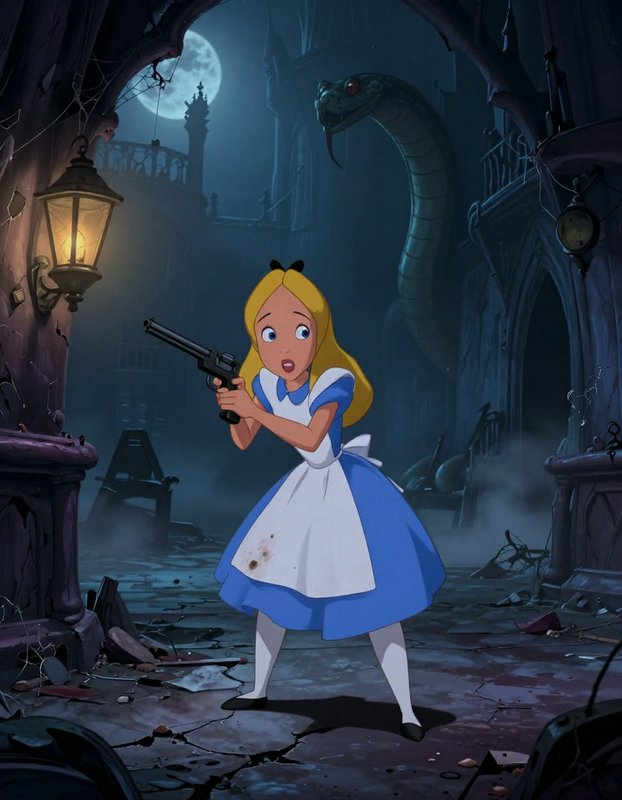 Alice in a blue dress holding a pistol in a dark alley with a giant snake looming above.
