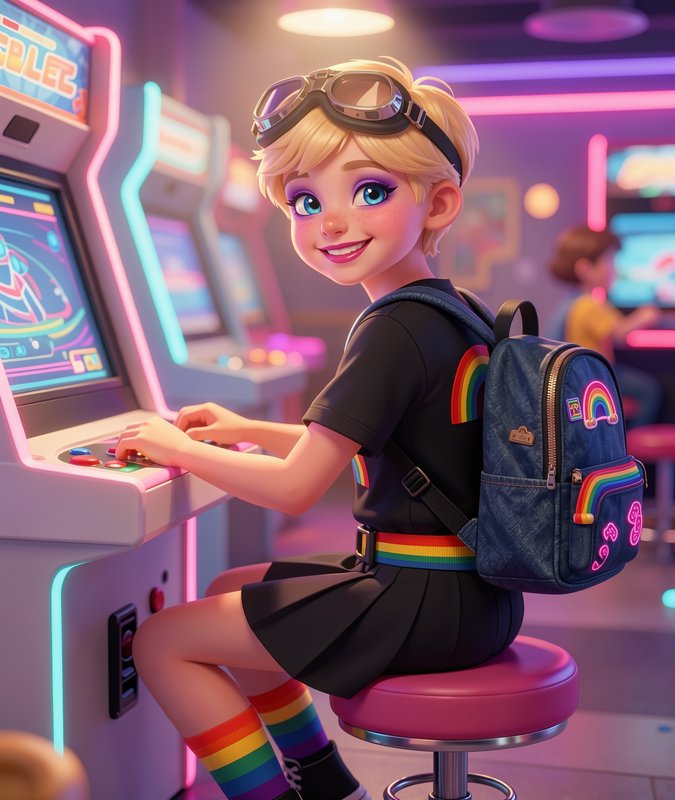 Cartoon girl with blonde hair and goggles on her head playing an arcade game in a neon-lit arcade.