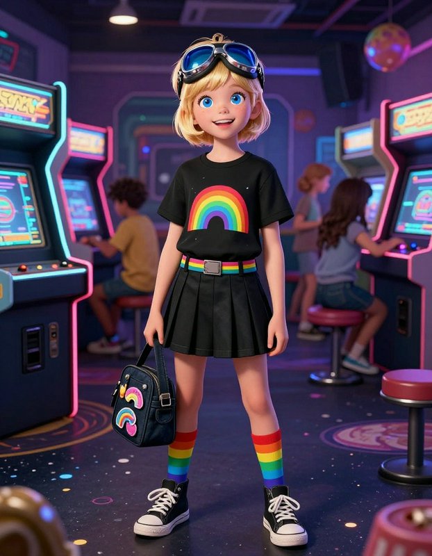 Young girl with blonde hair wearing rainbow-themed outfit in a neon-lit arcade.