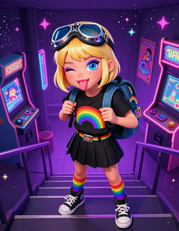 Cartoon girl with rainbow outfit in neon arcade, winking and sticking out her tongue.
