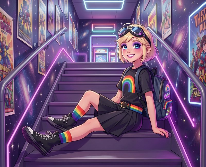 Cartoon girl with a rainbow tee sits on neon-lit cinema stairs with galaxy posters and a backpack.