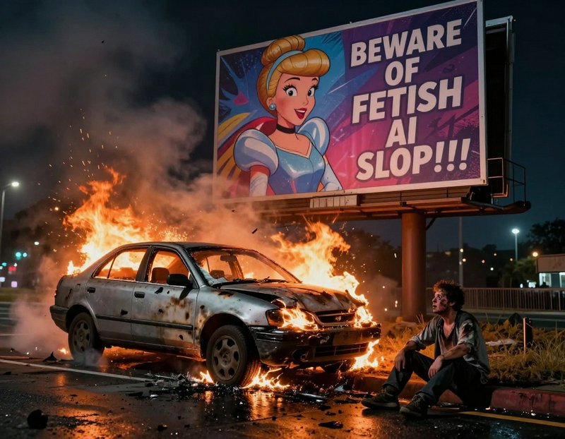 A car on fire beside a colorful billboard featuring a cartoon princess at night.