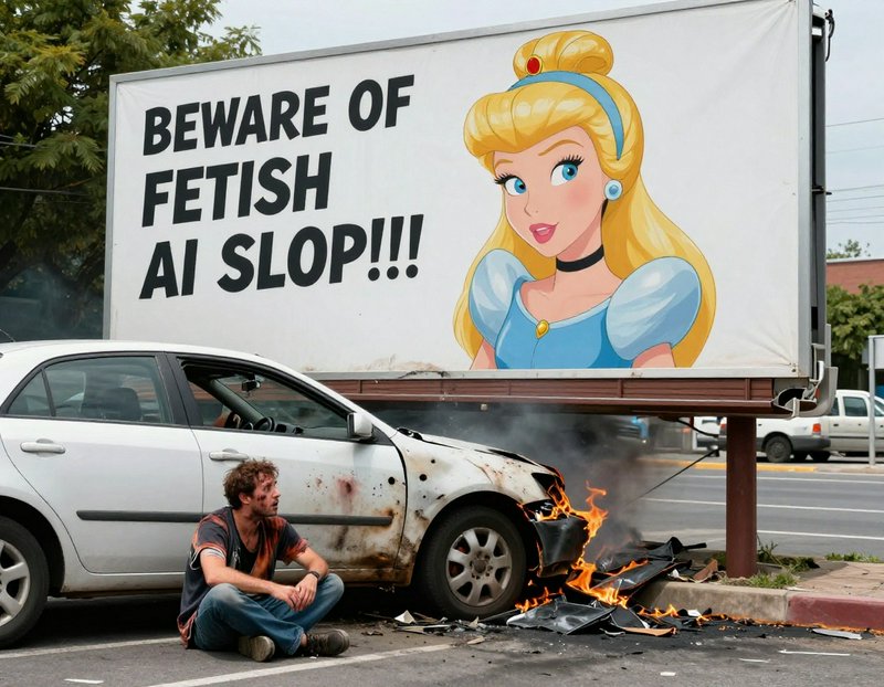 Burning car beside a billboard with a Disney-style princess and bold text "BEWARE OF FETISH AI SLOP!!!"