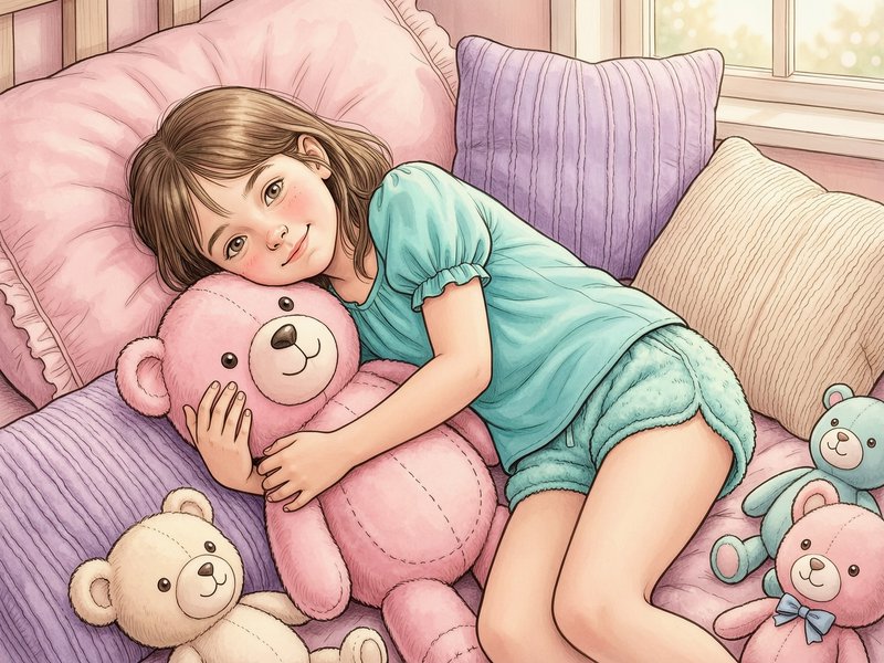 A young girl cuddling a large pink teddy bear on a bed surrounded by plush toys