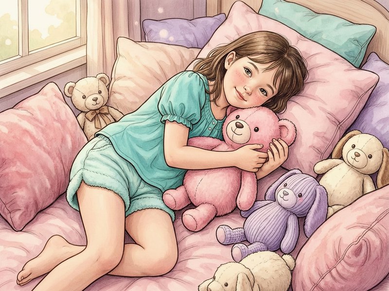 Young girl lying on a pink bed cuddling a pink teddy bear among other stuffed animals.