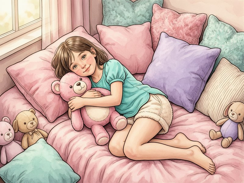 A young girl cuddling a pink teddy bear on a pastel pink bed with plush cushions.