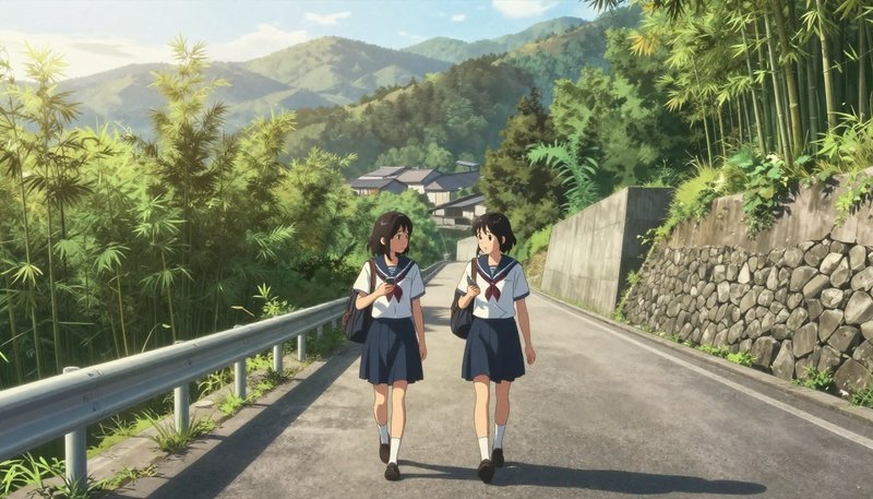 Two Japanese schoolgirls in sailor uniforms walk along a sunlit rural road with bamboo on the left and a stone wall on the...