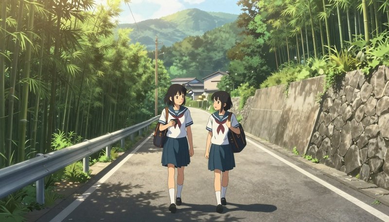 Two Japanese schoolgirls in sailor uniforms walk along a rural road beside bamboo groves.