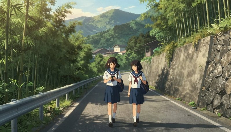 Two Japanese schoolgirls in sailor uniforms walk along a sunlit rural road, with bamboo on the left and a stone wall on th...