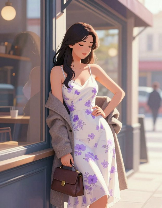 Illustration of a woman in a white and purple floral dress leaning against a cafe window with a beige coat and brown handbag.