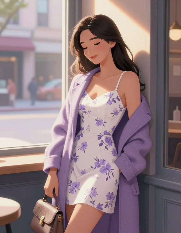 Illustration of a woman in a white floral dress with purple flowers and a lavender coat.