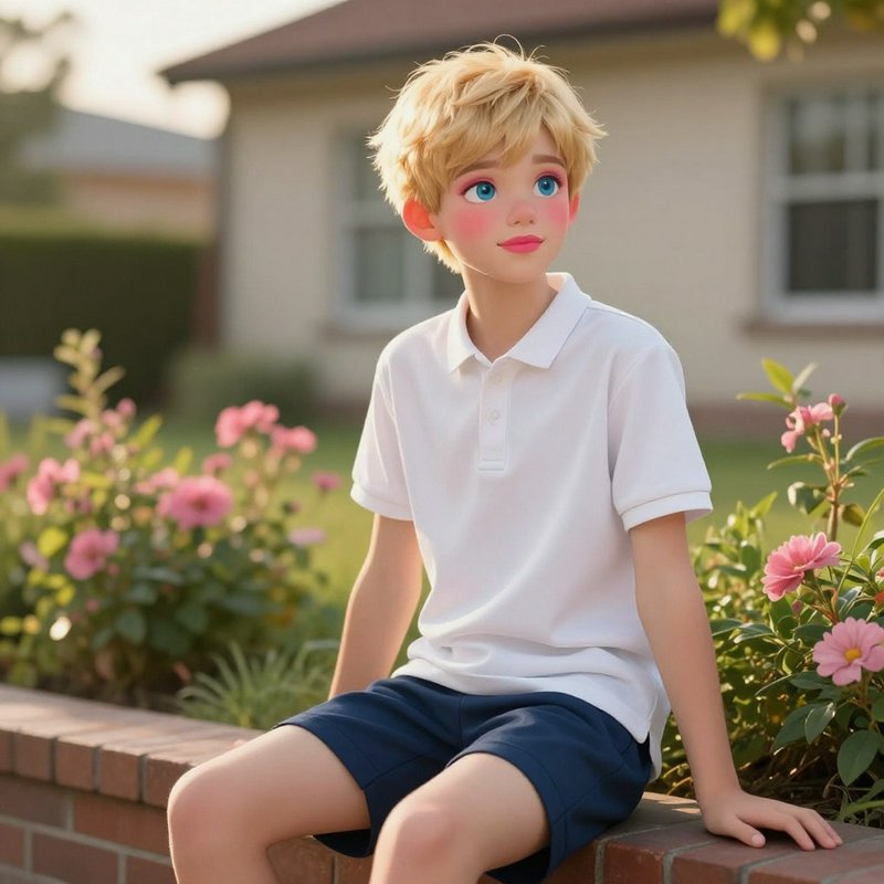 Blond-haired doll with blue eyes in a white polo and navy shorts sits on a brick ledge beside pink flowers.