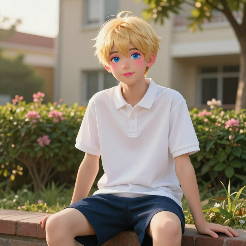 Anime-style boy with blond hair and blue eyes in a white polo and navy shorts outdoors