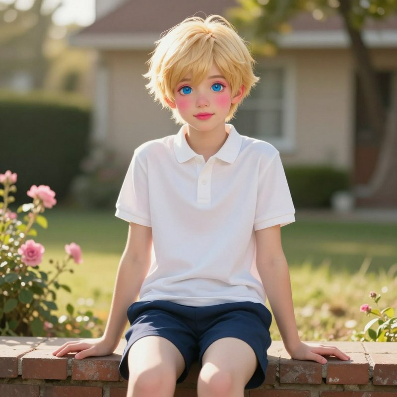 Blonde-haired child in a white polo and navy shorts sits on a brick ledge in a sunlit garden.