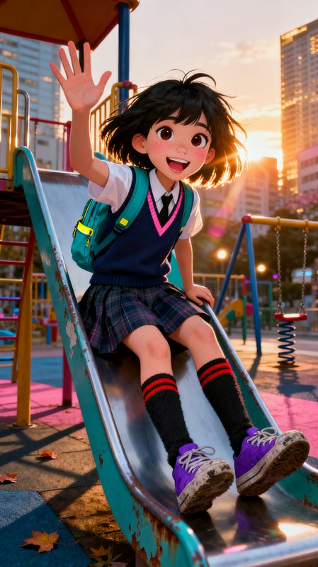 Cartoon schoolgirl on a playground slide waving at sunset in a city park