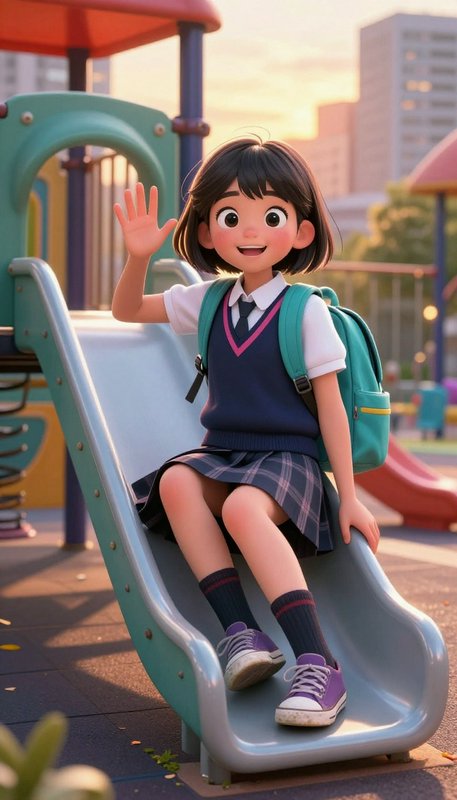 Smiling animated schoolgirl in uniform waves from a playground slide with a teal backpack.