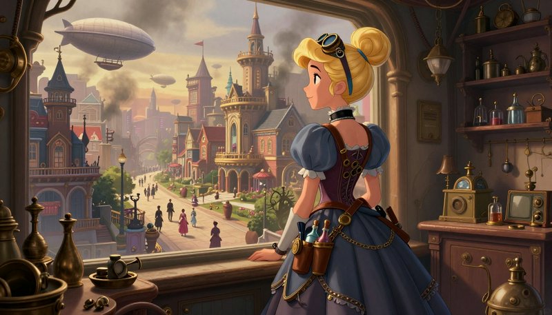 A stylish young woman in a blue Victorian dress stands in a workshop window, overlooking a steampunk city with towers and ...